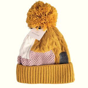 Cable Knit Cuff Beanie Hat Pom-Pom Colorblock Pink Yellow White Winter Styline